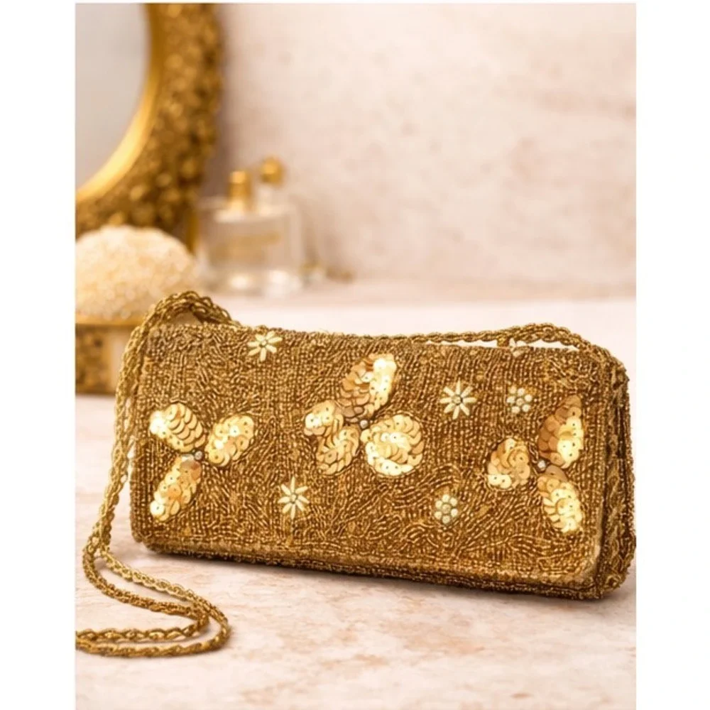 Bijoux Terner Womens Oblong Clutch Evening Bag Gold Sequin Micro‎ Beaded Floral_3